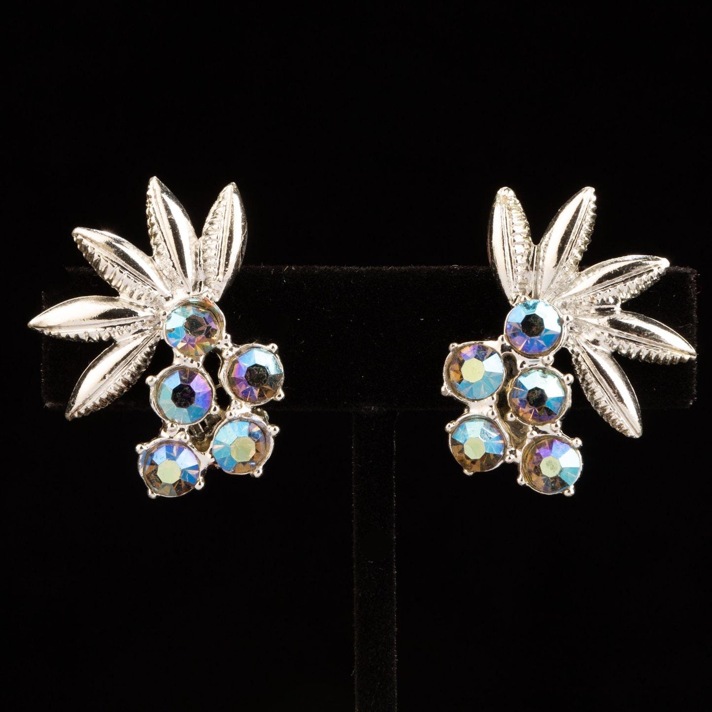 Vintage Blue Aurora Borealis Crystal Rhinestone Clip On Earrings