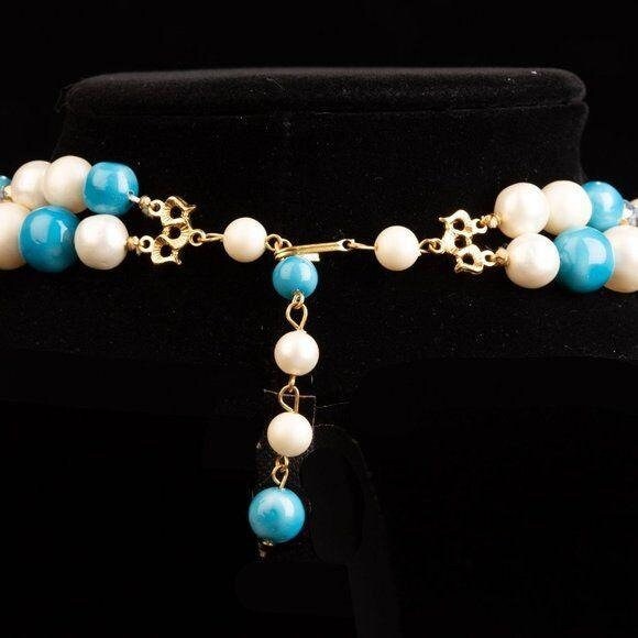 Vintage Faux Pearl Aurora Borealis Blue Gold Beaded 2 Strand Necklace