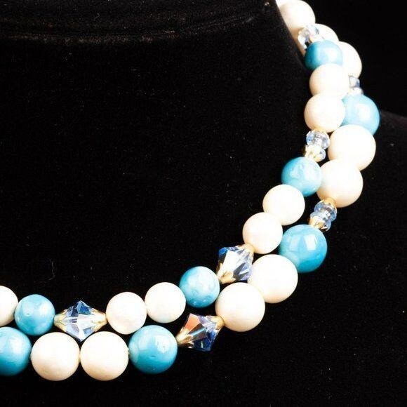 Vintage Faux Pearl Aurora Borealis Blue Gold Beaded 2 Strand Necklace