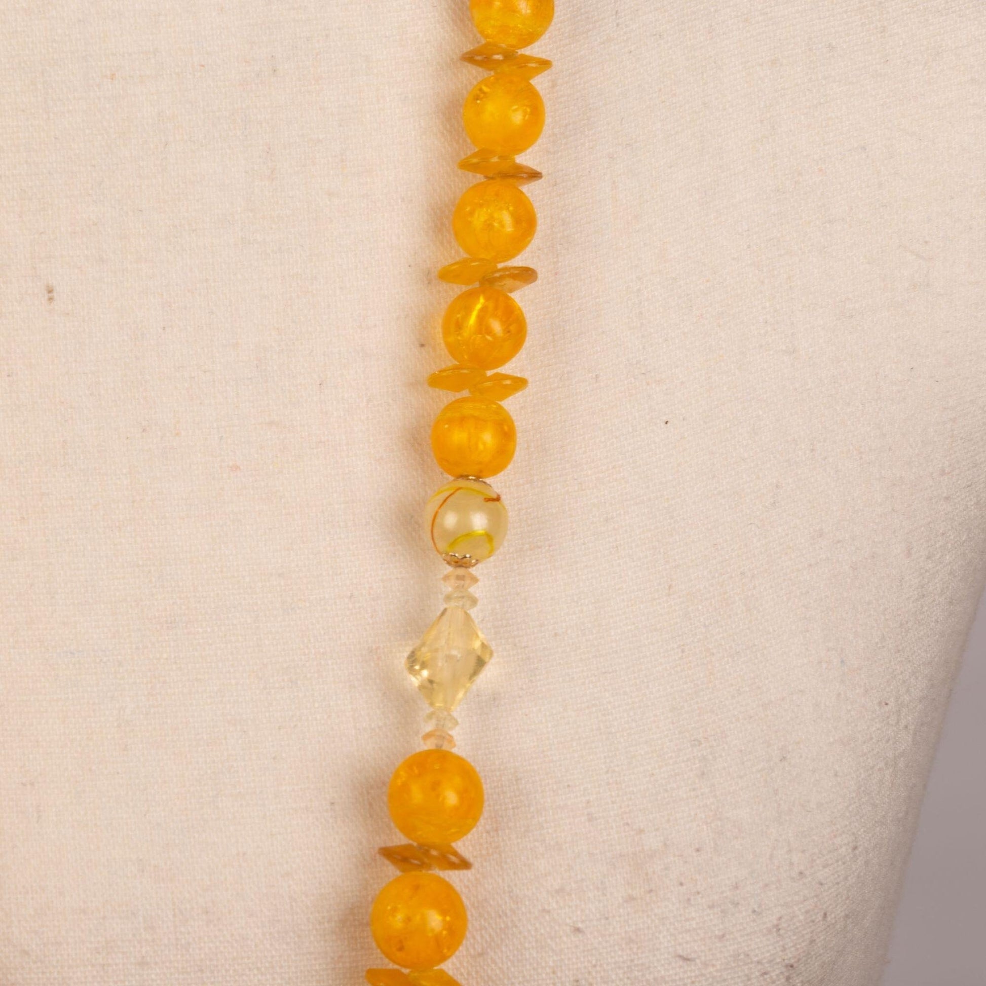 Vintage Yellow/Gold Lucite Beaded Necklace with Box Clasp Signed Hong Kong