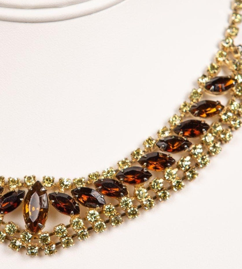Vintage Rhinestoned Necklace 1940s with Amber and Golden Glass gems in a Gold toned setting