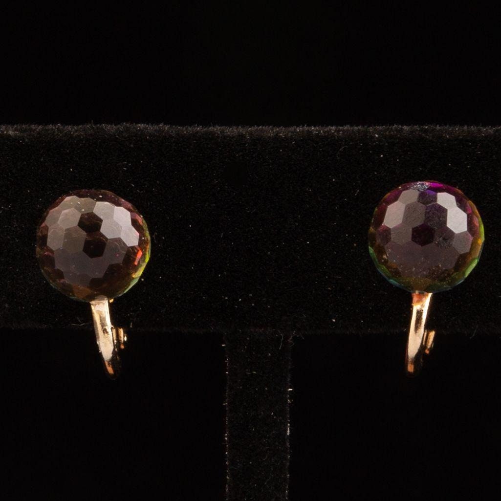 Vintage Crystal Faceted Rhinestone Rainbow Refracting Clip On Earrings
