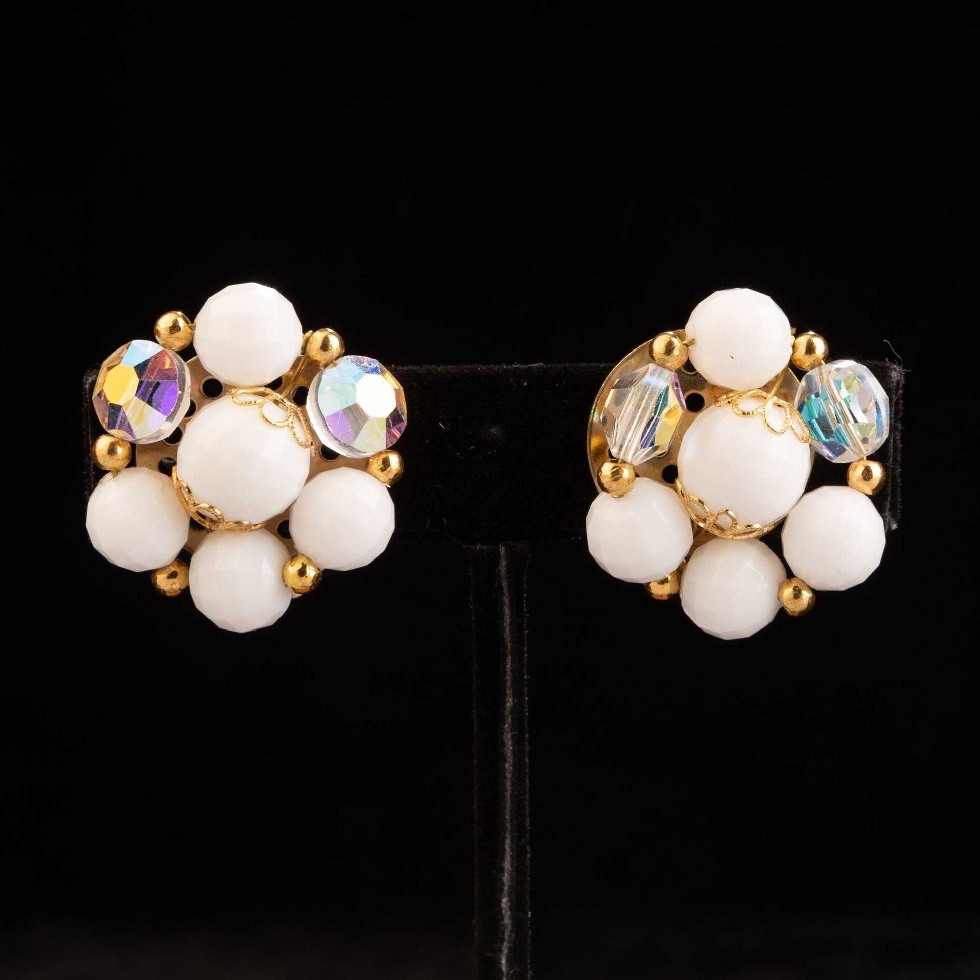 Vintage Milk Glass and Aurora Borealis Rhinestone Clip On Earrings