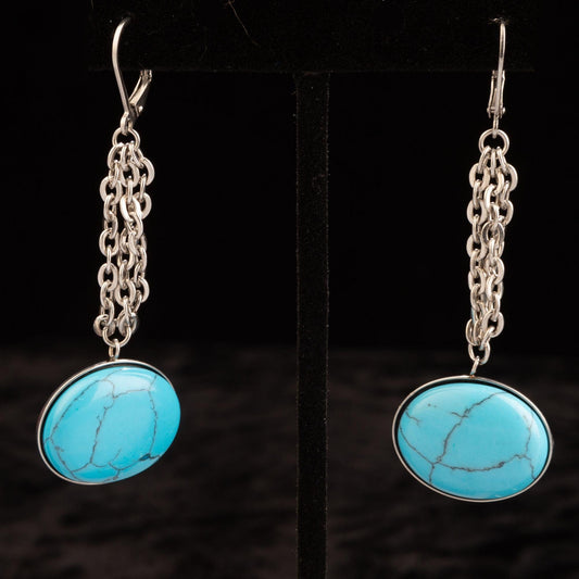 Turquoise Cabochon in Stainless Steel Setting Dangle Earrings