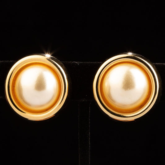 Vintage Signed Napier Gold Tone and Pearl Cabochon Clip On Earrings