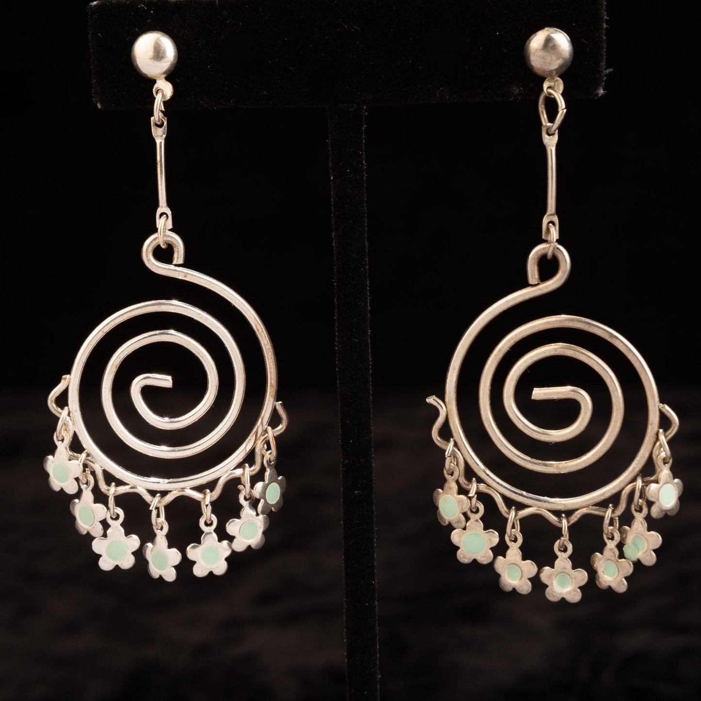 Silver Spiral Enamel Flower Dangle Post Earrings