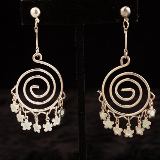 Silver Spiral Enamel Flower Dangle Post Earrings