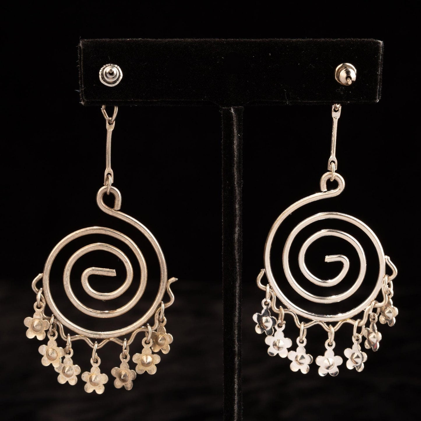 Silver Spiral Enamel Flower Dangle Post Earrings