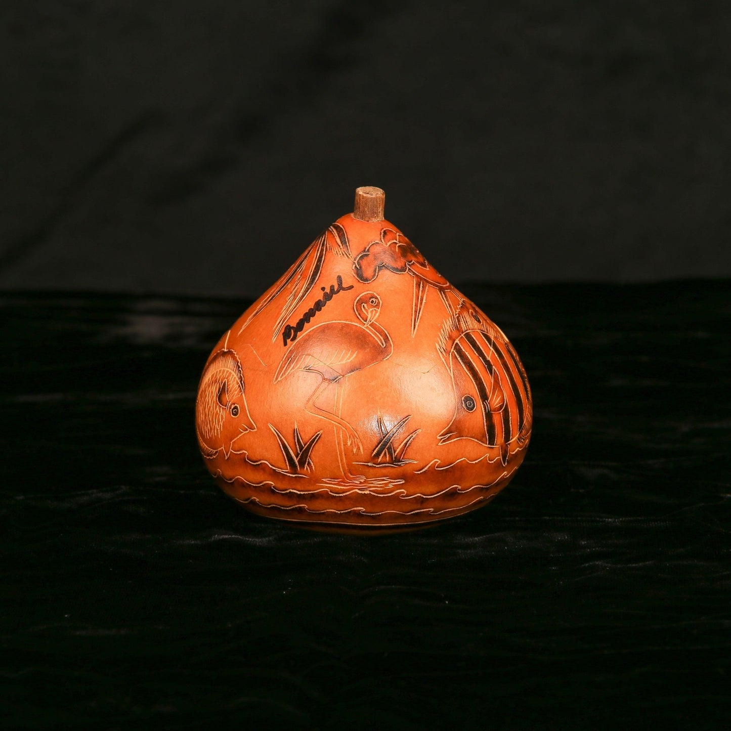 Vintage Hand Carved Peruvian Gourd Trinket Box With Lid Tropical Theme