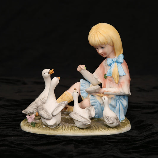 Vintage Ardalt Lenwile China Bisque Ceramic Girl Feeding Four Geese Figurine