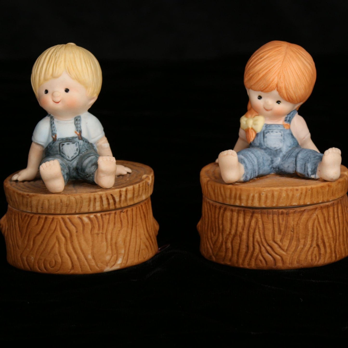 Vintage Enesco 1980 Country Cousins Tree Stump Trinket Box Set of 2