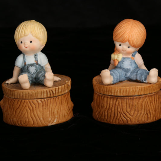 Vintage Enesco 1980 Country Cousins Tree Stump Trinket Box Set of 2