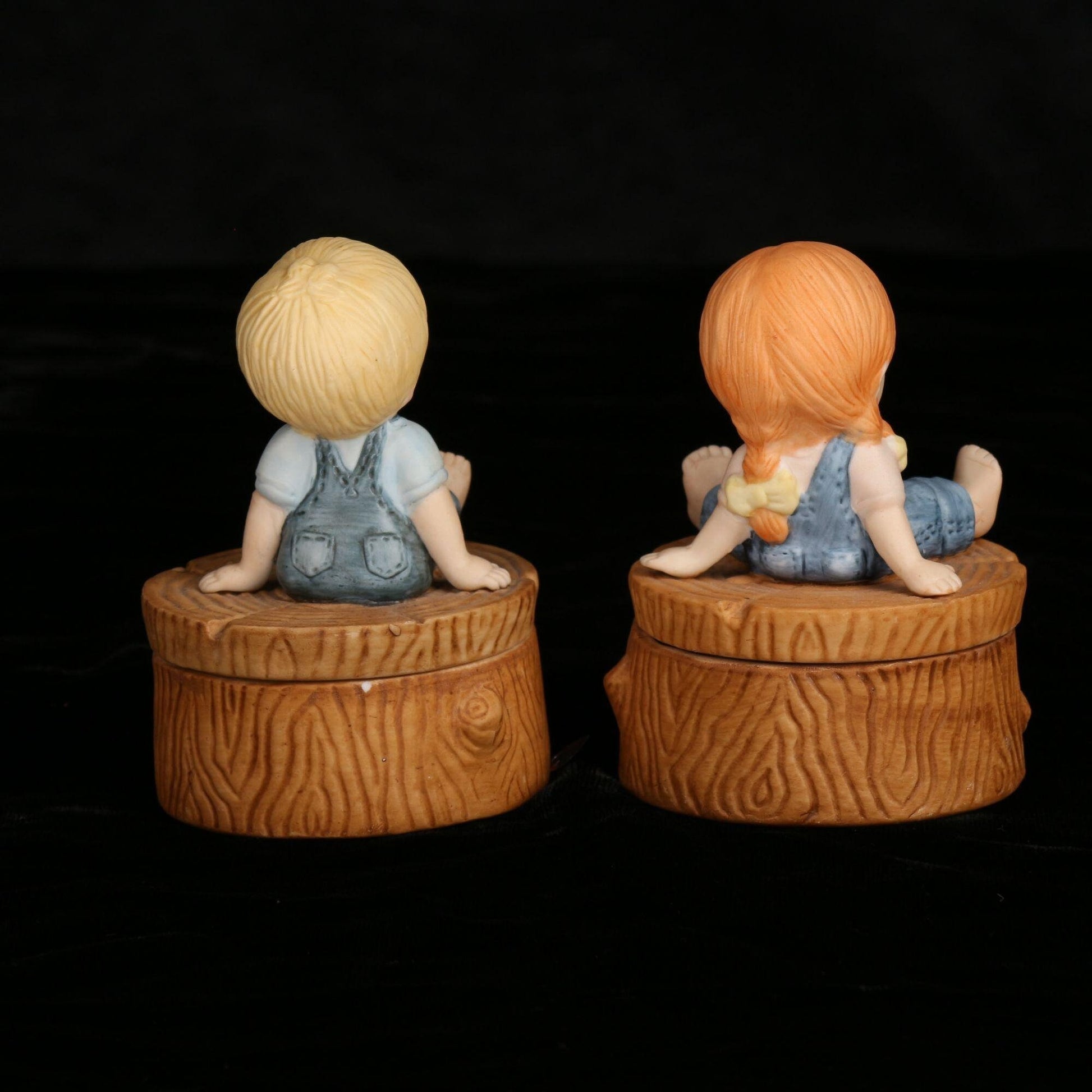 Vintage Enesco 1980 Country Cousins Tree Stump Trinket Box Set of 2