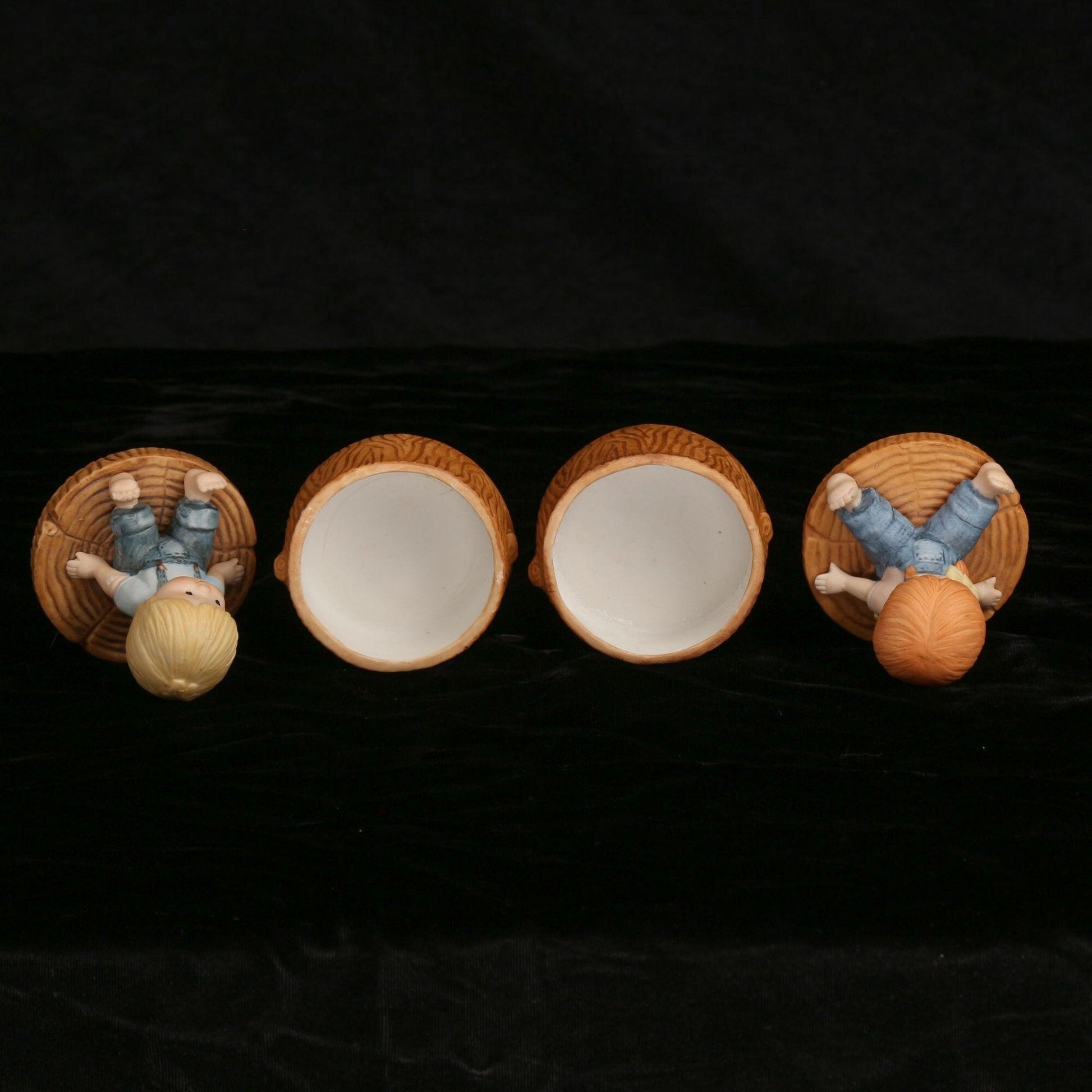 Vintage Enesco 1980 Country Cousins Tree Stump Trinket Box Set of 2