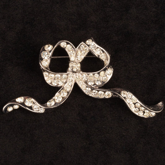 Signed Premier Rhinestone Silver Tone Bow Brooch