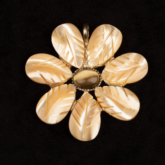 Vintage Carved Alabaster Mexican Onyx Flower Tigers' Eye Stone Pendant
