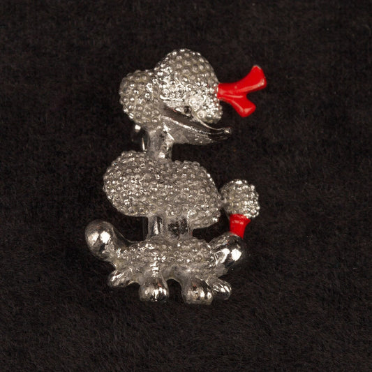 Vintage Poodle Enamel Silver Tone Brooch