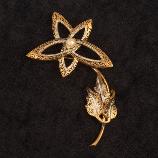 Vintage Spanish Damascene Faux Pearl Flower Gold Toned Brooch