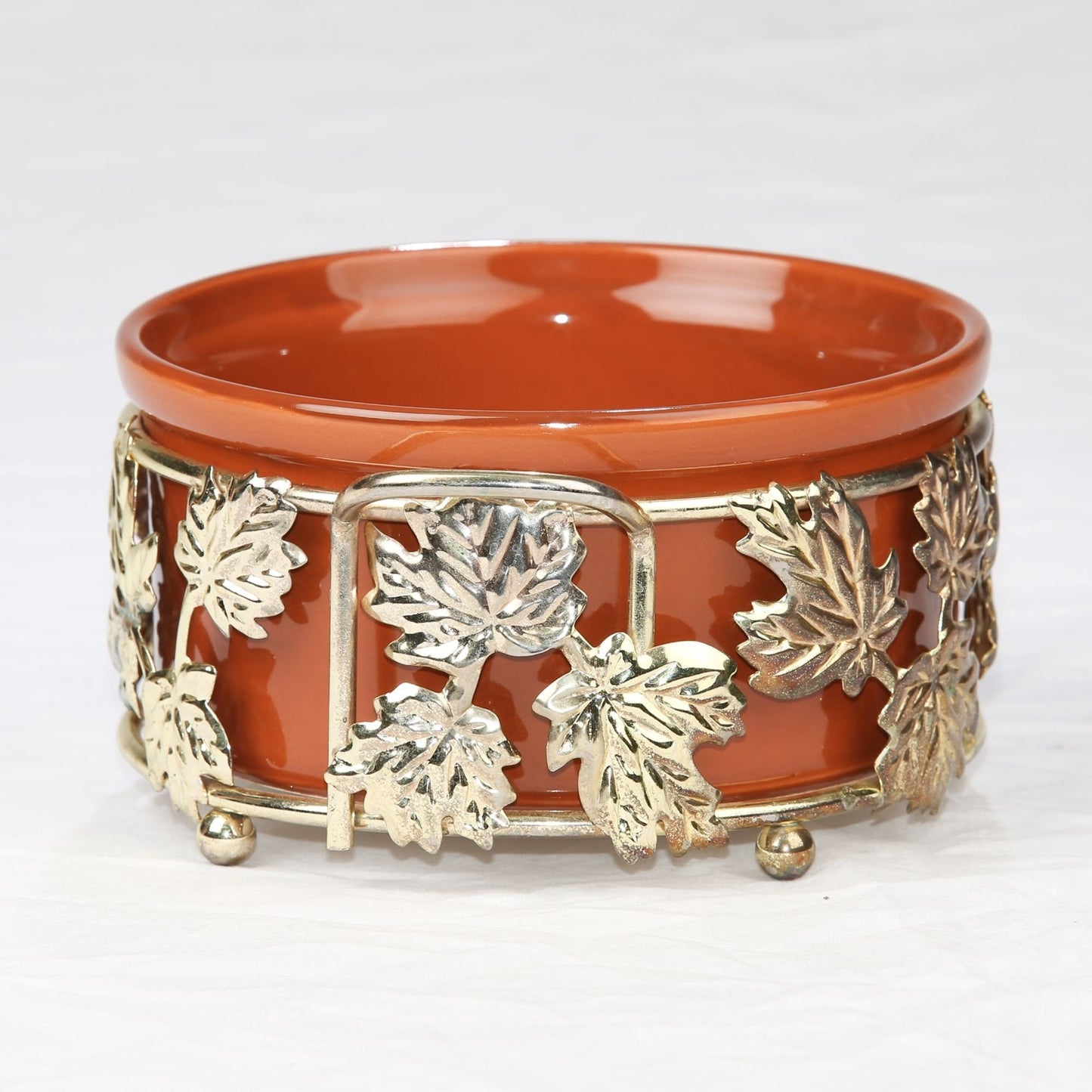 Vintage Teleflora Brass Casserole Dish Holder with Ceramic Dish Gold Leaf Pattern