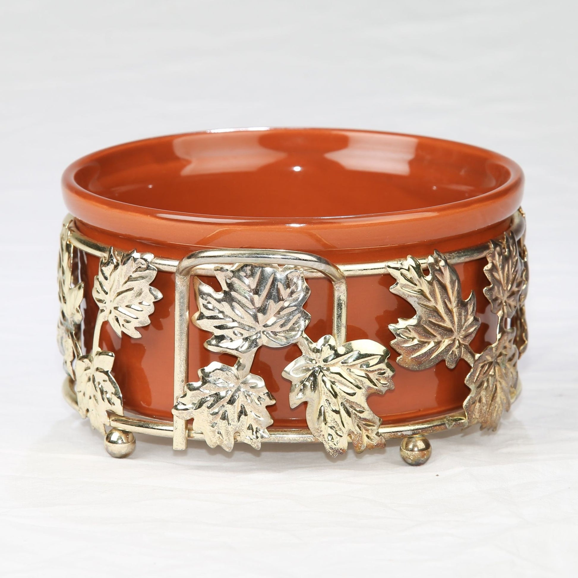 Vintage Teleflora Brass Casserole Dish Holder with Ceramic Dish Gold Leaf Pattern