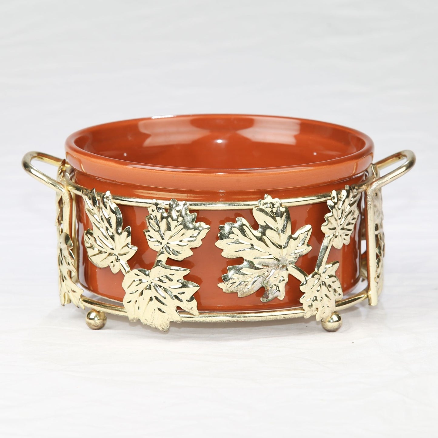Vintage Teleflora Brass Casserole Dish Holder with Ceramic Dish Gold Leaf Pattern