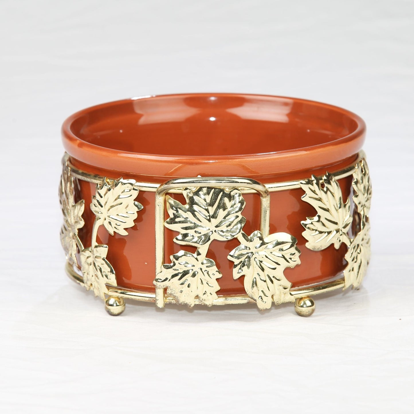 Vintage Teleflora Brass Casserole Dish Holder with Ceramic Dish Gold Leaf Pattern