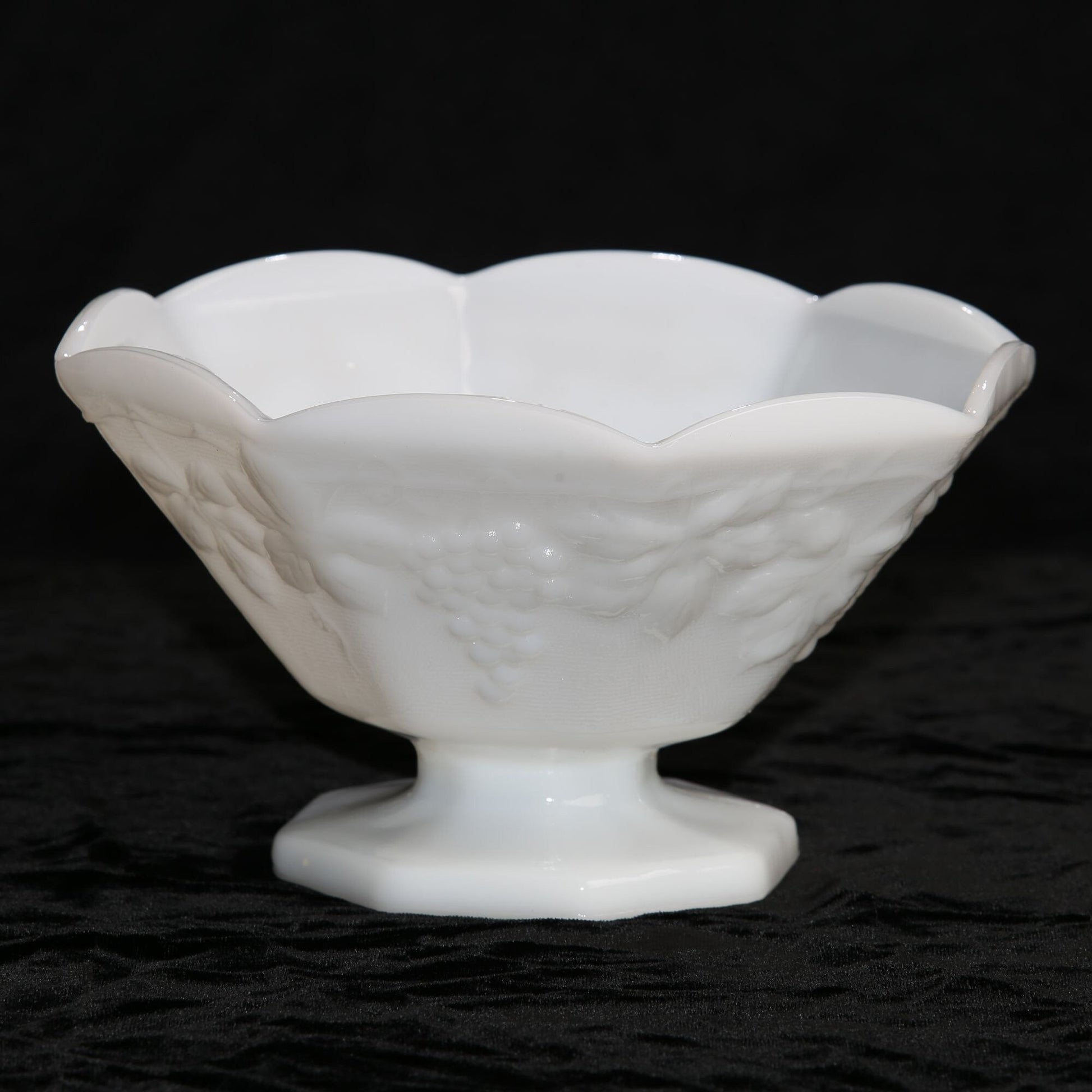 Vintage Anchor Hocking Milk Glass Pedestal Compote Grape Leaf Pattern