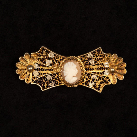 Vintage Gold Filled Filigree Italian Shell Cameo Brooch Signed