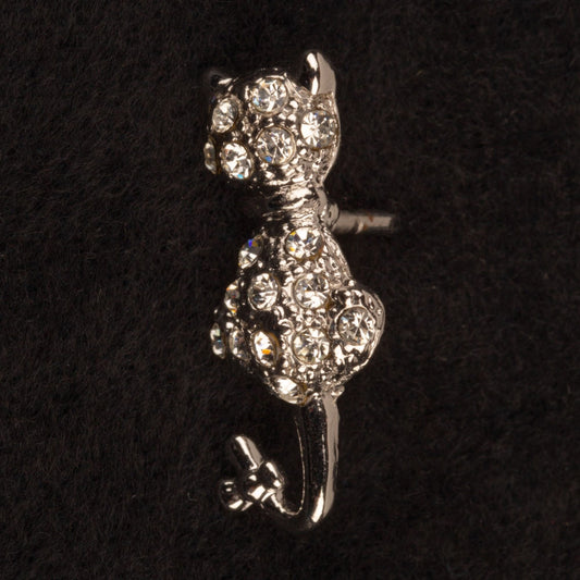 Vintage Rhinestone Silver Tone Cat Lapel Pin