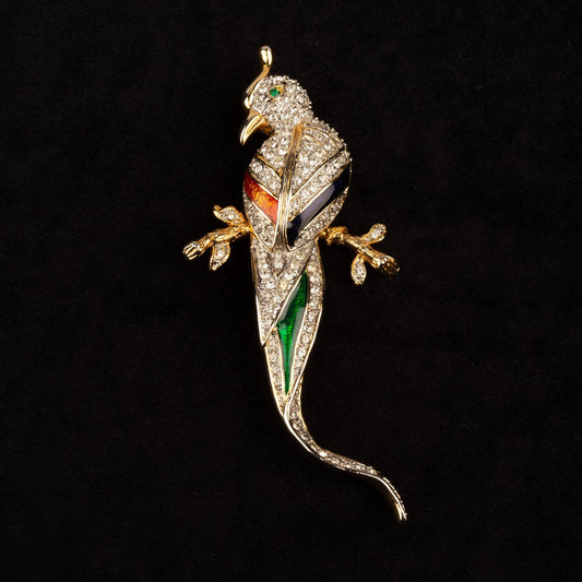 Vintage Oversized Bird of Paradise Enamel and Rhinestone Brooch