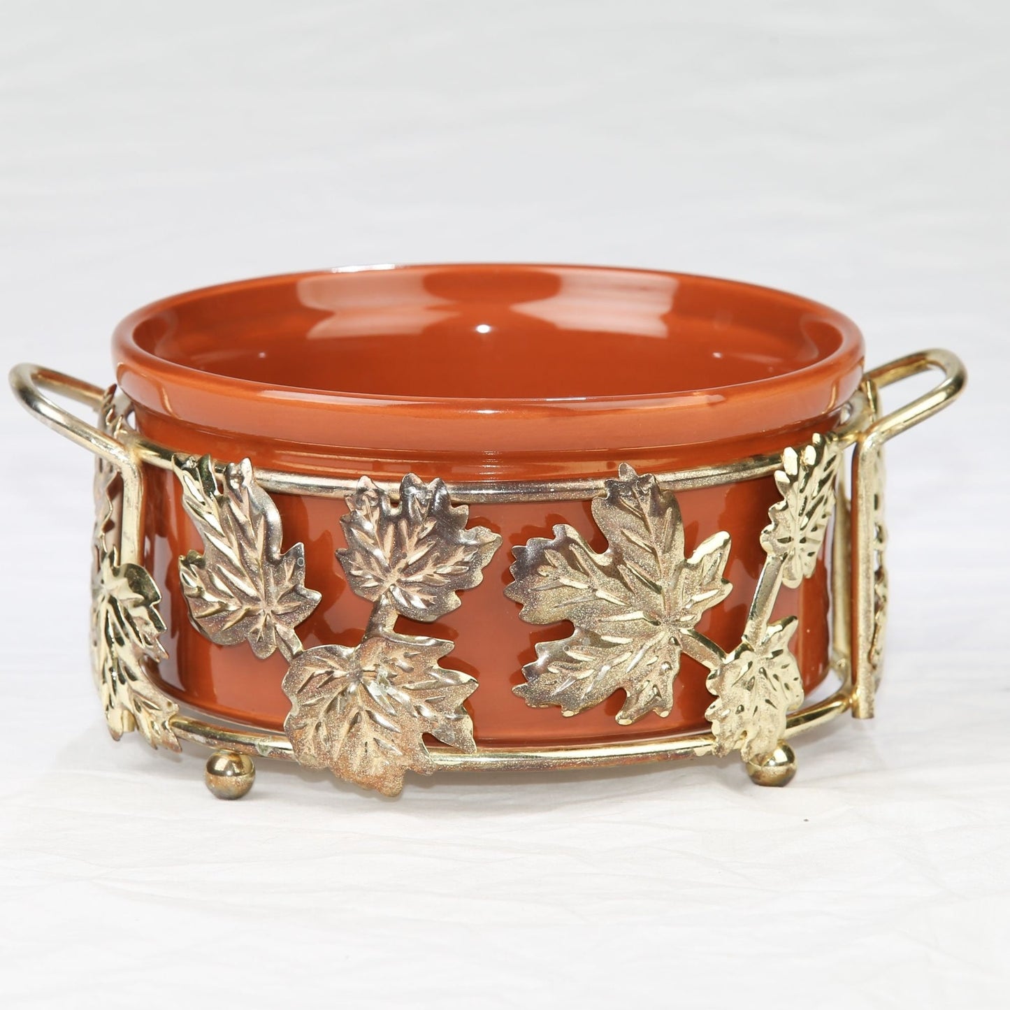 Vintage Teleflora Brass Casserole Dish Holder with Ceramic Dish Gold Leaf Pattern