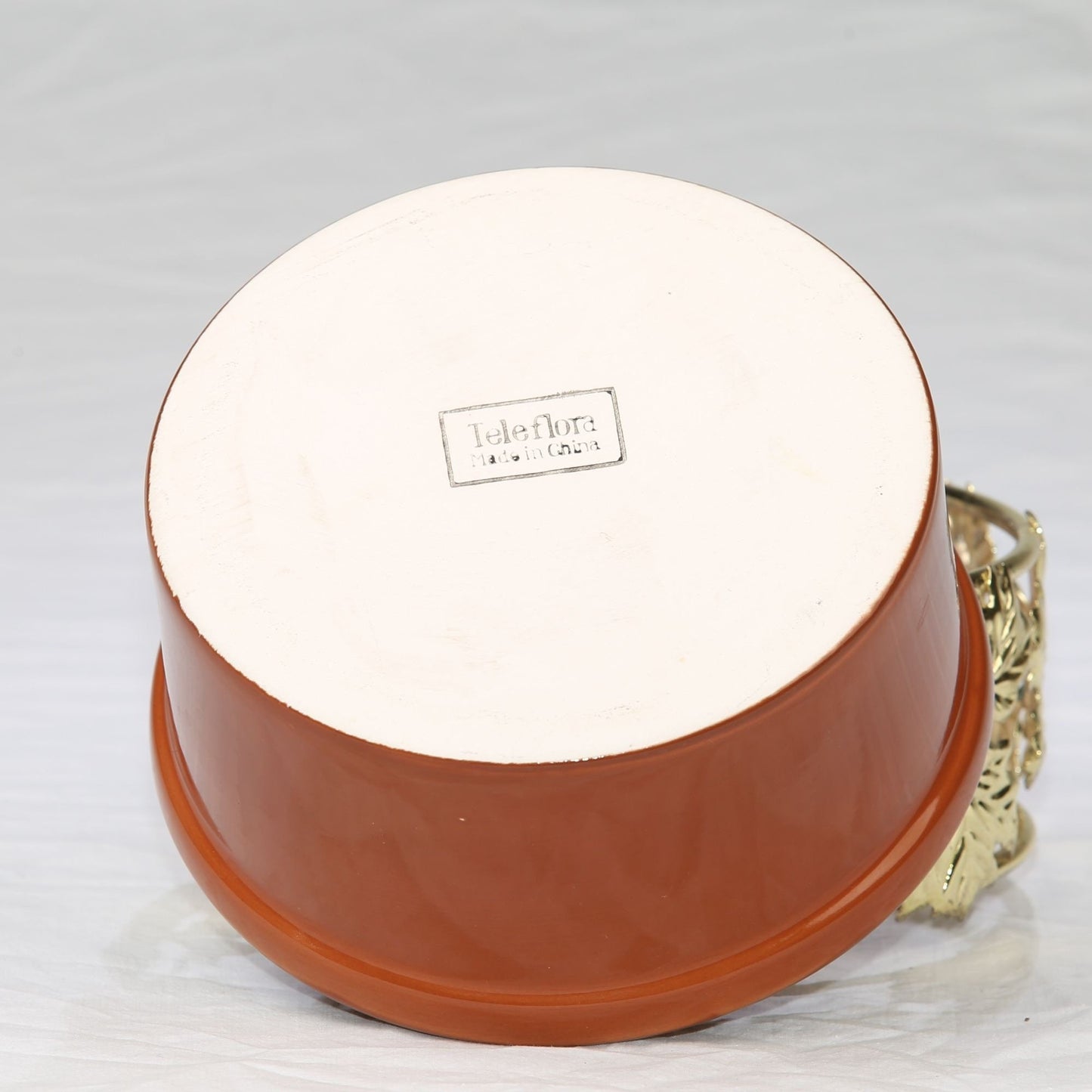 Vintage Teleflora Brass Casserole Dish Holder with Ceramic Dish Gold Leaf Pattern
