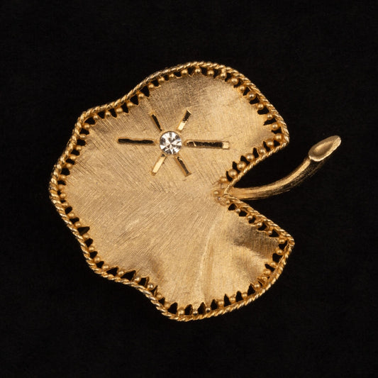 Vintage Lily Pad Rhinestone Gold Toned Brooch