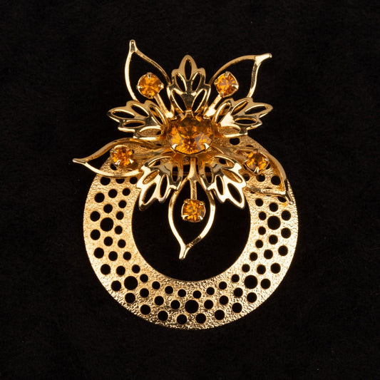 Vintage Amber Rhinestone Flower Gold Toned Brooch
