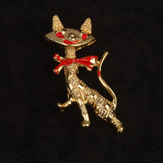 Vintage Cat with Red Enamel bow Gold Toned Brooch