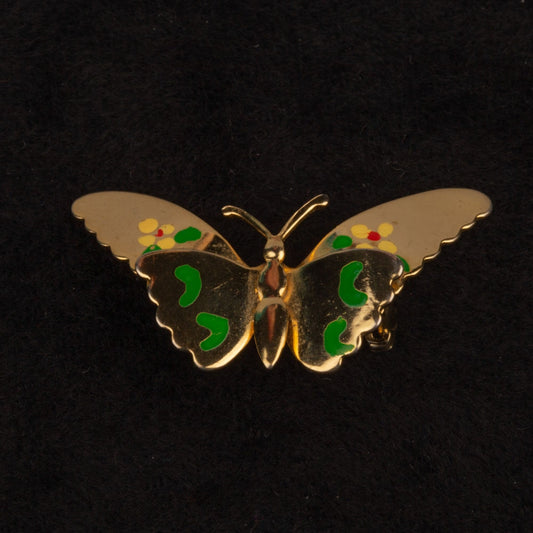 Vintage Hand Painted Butterfly Gold Toned Brooch