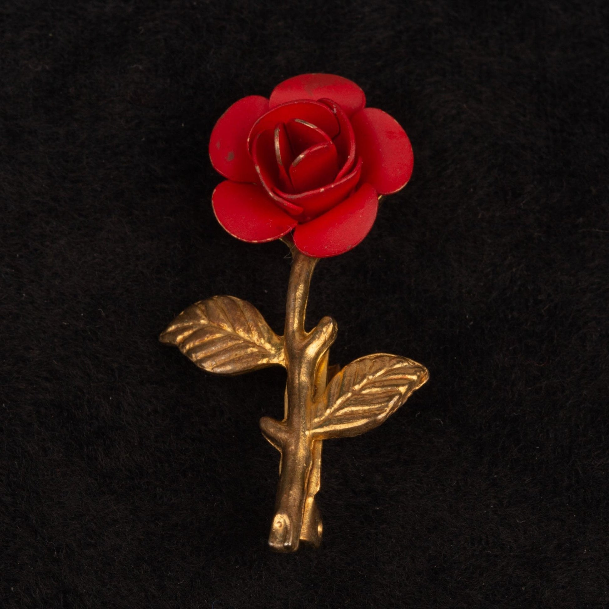 Vintage Enamel Flower Red Rose Gold Toned Brooch