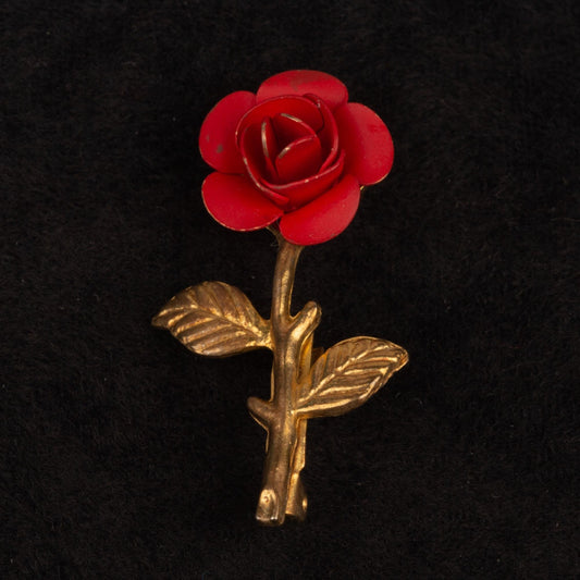 Vintage Enamel Flower Red Rose Gold Toned Brooch