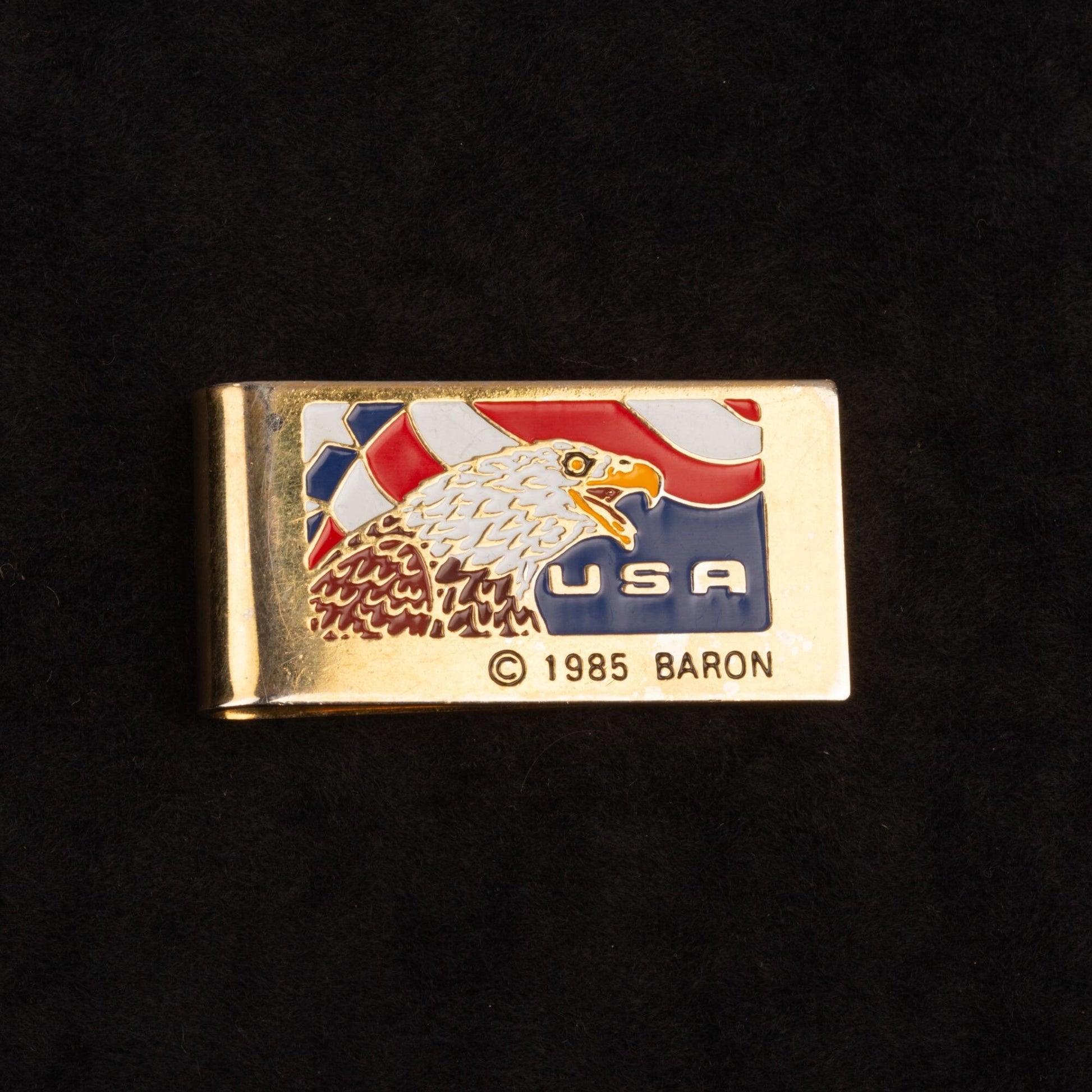 Vintage 1985 Baron Enamel Eagle USA Money Clip Gold Toned