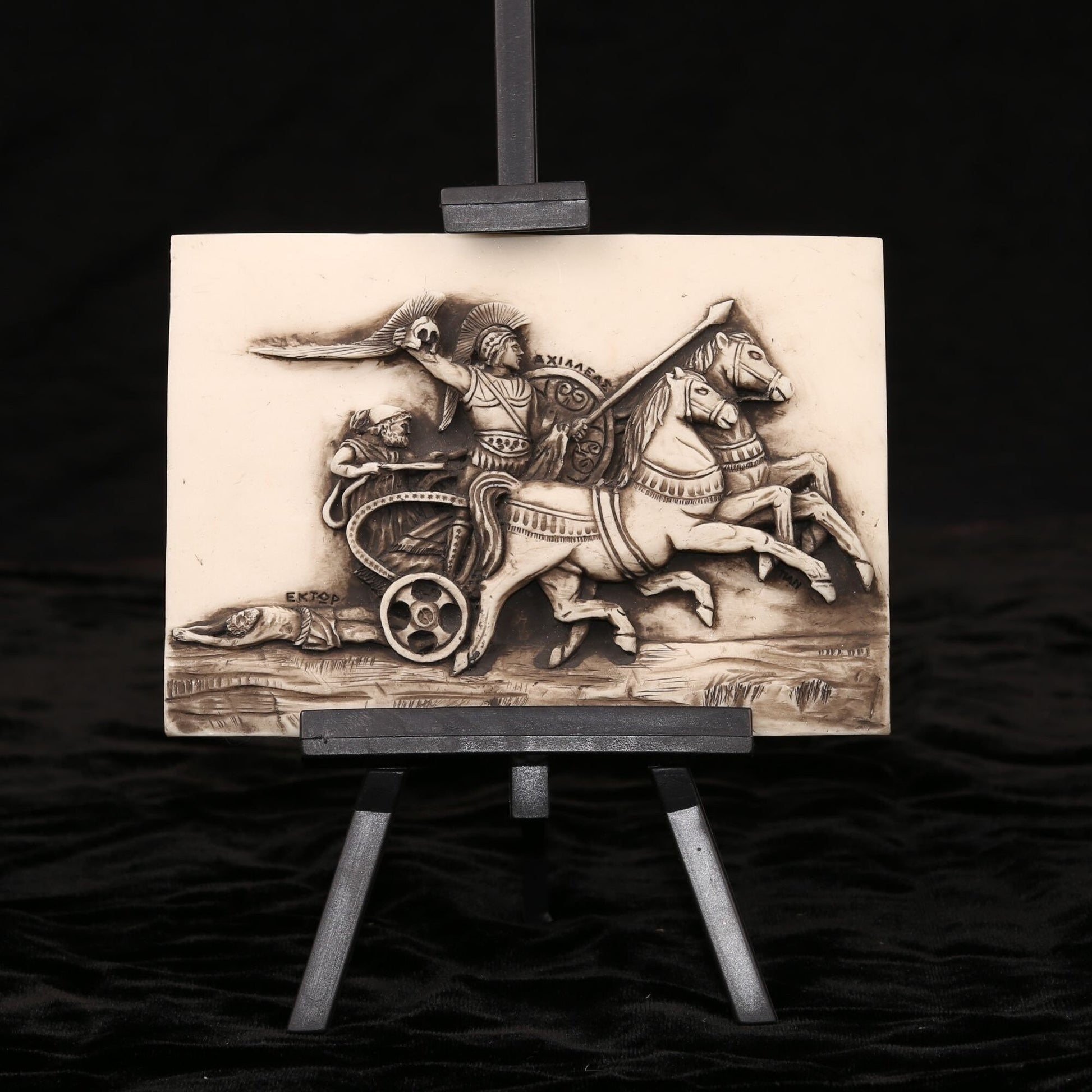 Vintage Roman Chariot Scene Handmade Alabaster Decorative Plaque With Stand