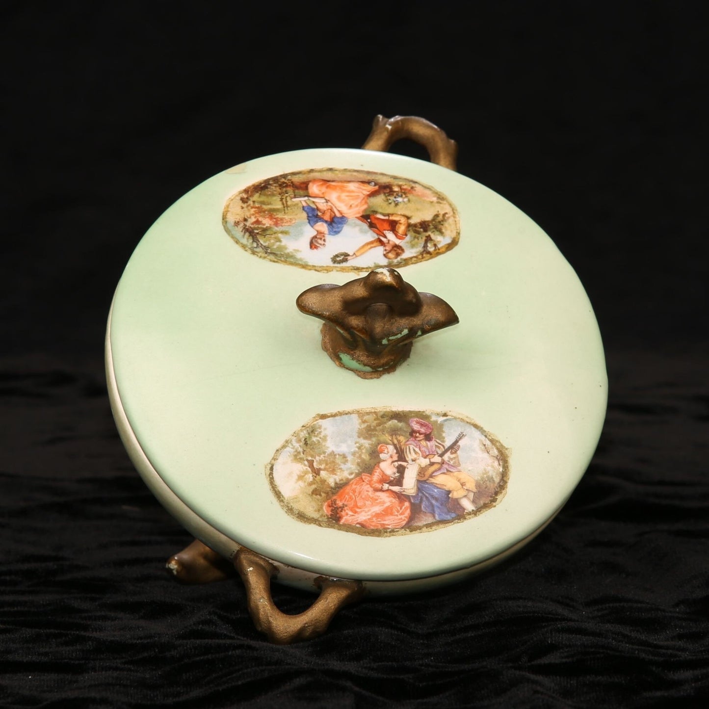 Antique Porcelain French Covered Bowl Transferware Courting Couple
