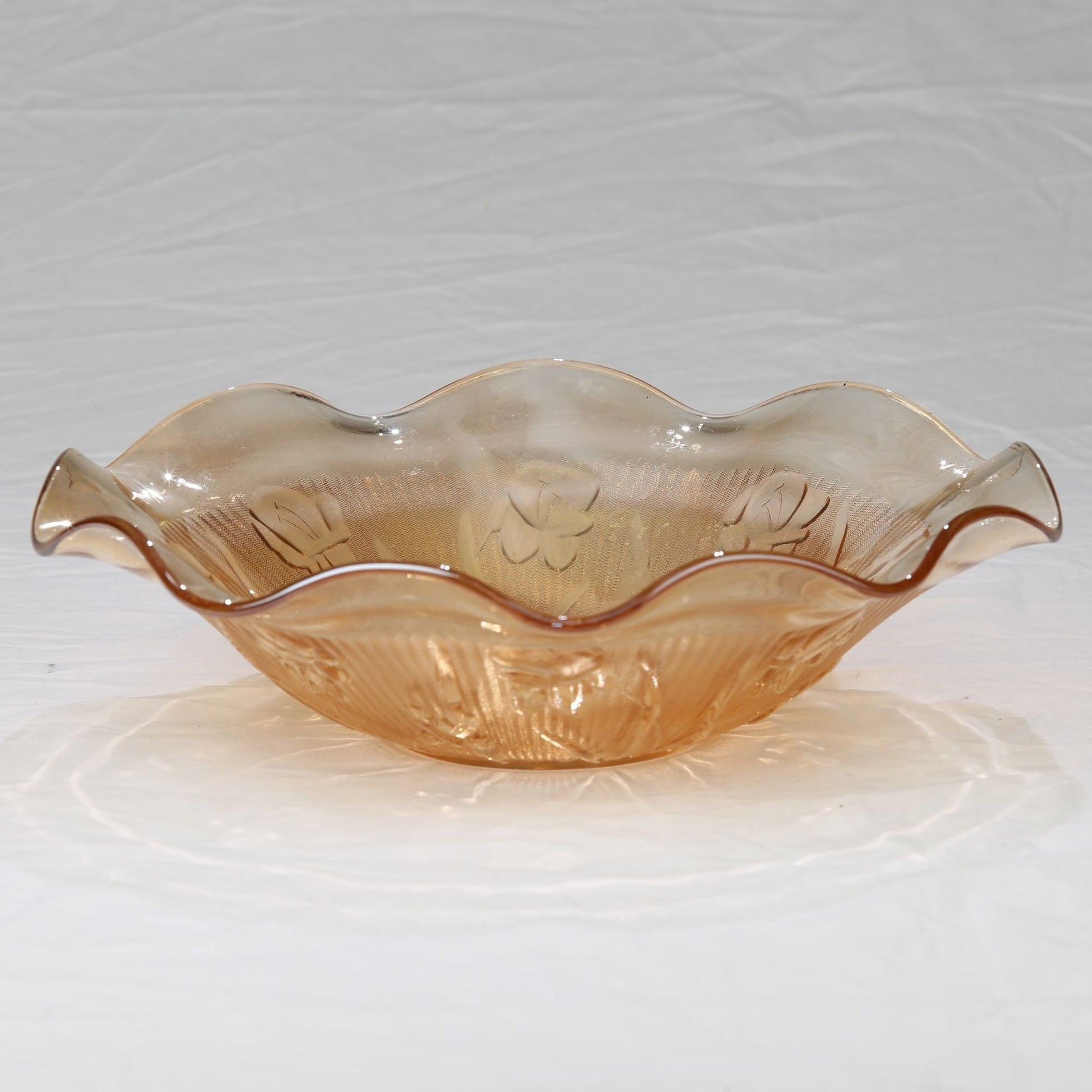 Vintage 1940s Jeanette Glass Marigold Iris and Herringbone Ruffled Edge Carnival Glass Bowl