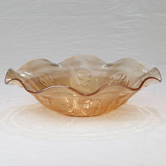 Vintage 1940s Jeanette Glass Marigold Iris and Herringbone Ruffled Edge Carnival Glass Bowl