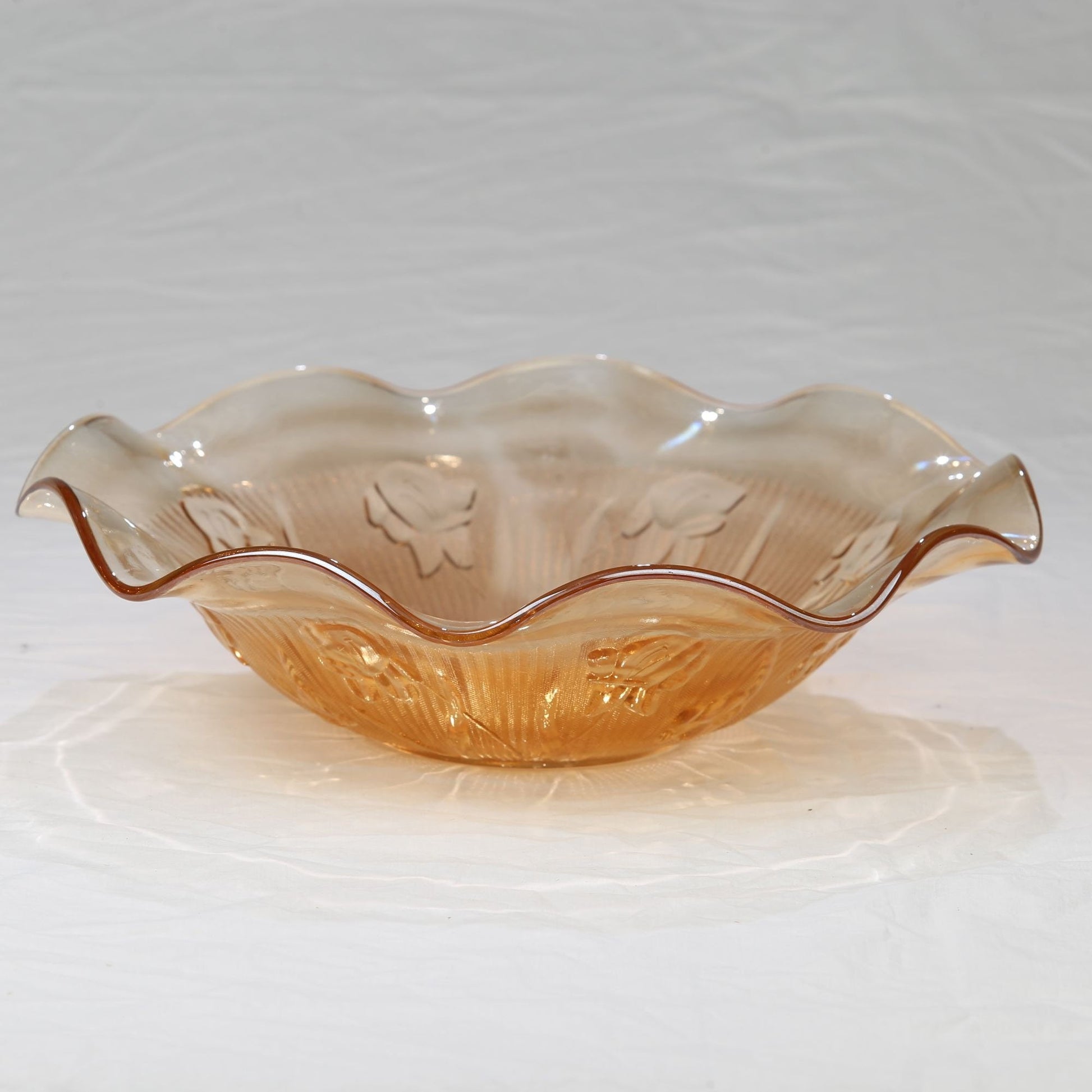 Vintage 1940s Jeanette Glass Marigold Iris and Herringbone Ruffled Edge Carnival Glass Bowl