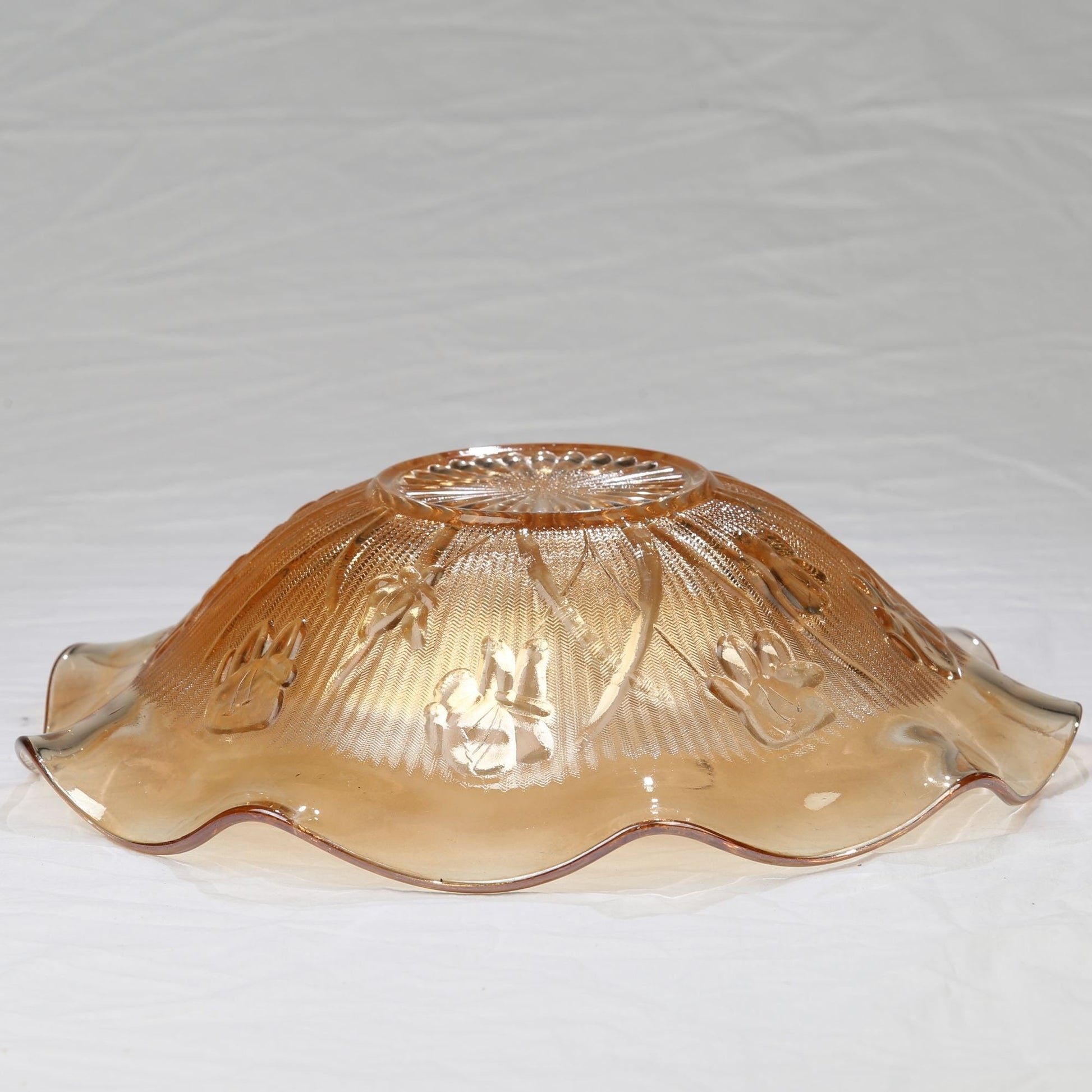 Vintage 1940s Jeanette Glass Marigold Iris and Herringbone Ruffled Edge Carnival Glass Bowl