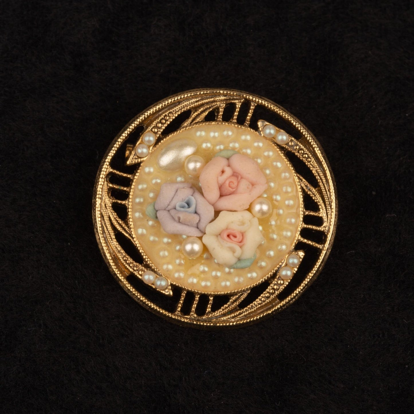 Vintage Faux Pearl Porcelain Rose Small Gold Toned Brooch