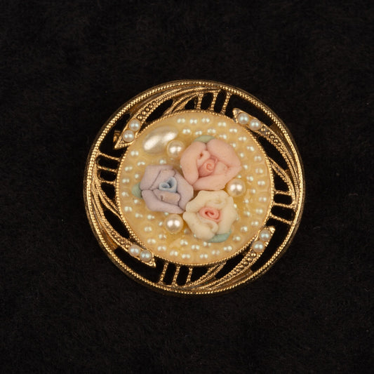 Vintage Faux Pearl Porcelain Rose Small Gold Toned Brooch