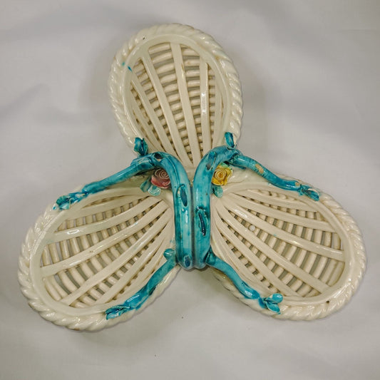 Vintage Made In Italy Latticework Floral Basket Trinket Dish