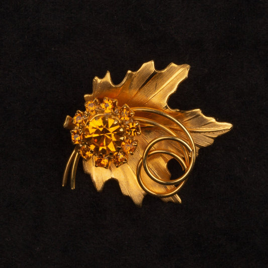 Vintage Amber Rhinestone Leaf MCM Gold Toned Brooch