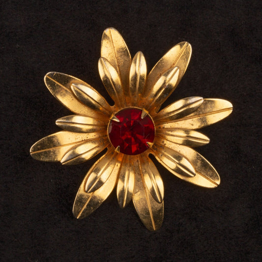 Vintage Ruby Red Rhinestone Flower Gold Toned Brooch